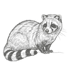 Obraz premium Otter Civet – Cynogale bennettii. Raccoon sketch sitting calmly with striped tail and detailed fur texture. Animal illustration concept 