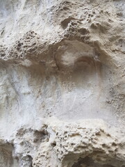Close-up of a textured rock surface with natural erosion patterns. The stone is light beige with various indentations and rough edges.