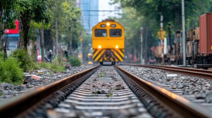Urban train tracks with yellow train