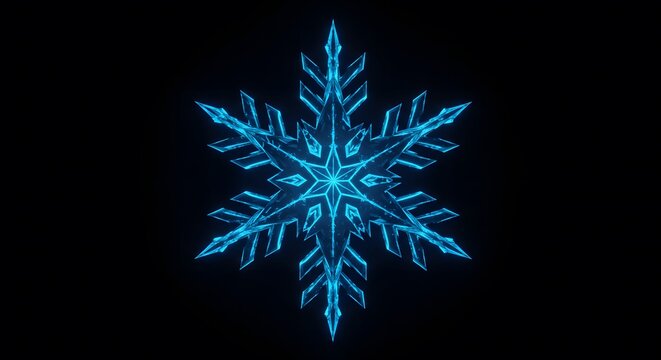 Glowing Cyan Crystal Snowflake: Intricate 3D Render on Black