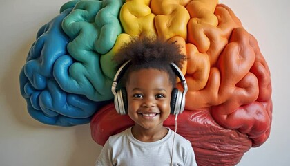 Autistic smiling child stands in front of a large colorful rainbow brain wearing headphones symbolizing neurodiversity neurodivergent support therapy inclusion and learning development - Powered by Adobe