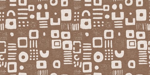 Fototapeta premium Calm scribble shape minimal shape seamless border pattern. Gender neutral baby nursery natural brown linen banner background. Scandi style sketch doodle wash tape edging trim. 