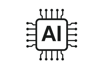 AI processor chip icon. Artificial intelligence technology concept. CPU microprocessor hardware symbol. Machine learning, neural network, data processing vector logo graphic element.