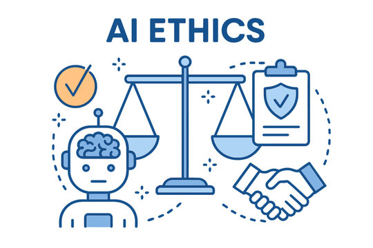 AI ethics and responsible governance concept. Artificial intelligence regulation, fairness, and trust. Machine learning algorithm bias and ethical framework for AI technology.