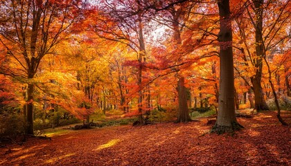 Obraz premium a portrayal of an autumnal woodland where trees are bedecked in foliage harmonizing a kaleidoscope of fiery tones amidst colorful ambiance of forest