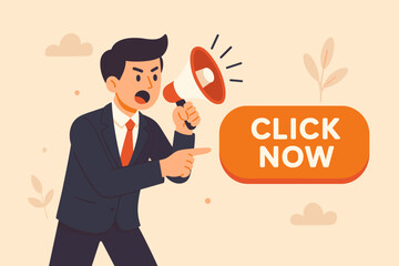 Call to action online advertising concept. Motivation for user to click ads banner, sign up on website. Businessman with megaphone shouting. Urgent marketing promotion message.