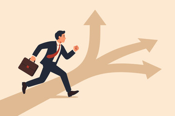 Career decision and choosing direction. Choices for future opportunity. Different path to success. Decide progress options. Career growth concept. Businessman at crossroads.
