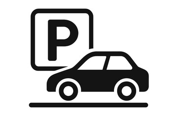 Car parking icon. Automobile in a parking lot. Roadside sign P symbol. Urban vehicle park area. Traffic pictogram for city street. Auto transport service zone graphic element.