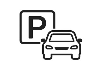Car parking icon. Vehicle park sign symbol. Auto garage service. Roadside traffic sign. Driver automobile public parking area spot. Transport pictogram. Vector logo graphic element.