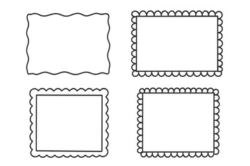 Doodle hand drawn frames set. Border stamp decor. Wavy scalloped borders decoration for greeting cards, photos. Sketchy scrapbook rectangular label. Cute vector elements.