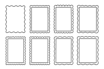 Doodle hand drawn frames set. Cute wavy border collection. Simple sketch decoration for greeting cards. Retro photo frame. Scalloped line stamp decor element for scrapbook.