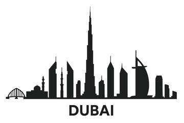 Dubai city silhouette. Famous skyline of United Arab Emirates. UAE cityscape landmark. Architecture vector illustration. Middle East travel and tourism destination concept art.
