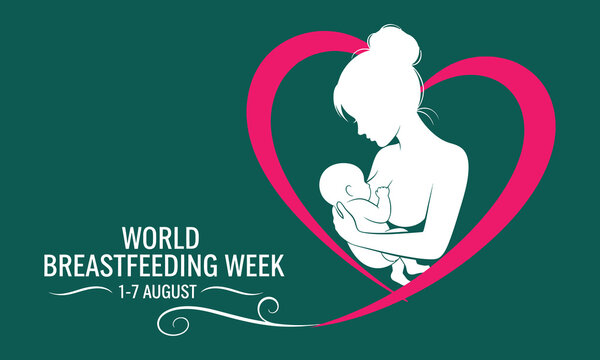 World breastfeeding week poster with mother and child silhouette in a pink heart on green background - Powered by Adobe