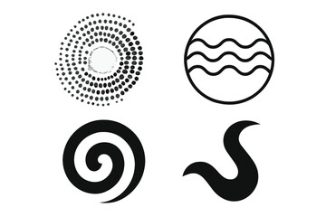 Abstract Halftone Dotted Spiral, Wavy Lines in Circle, Modern Swirl and S-Shape Symbol, Minimal Black and White Geometric Vector Design Elements