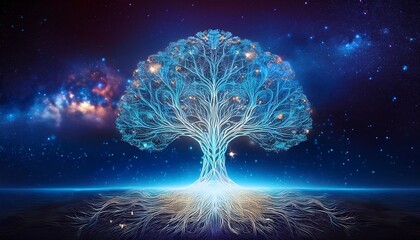 create a majestic tree of life with glowing roots and branches stretching into the cosmos symbolizing the connection between heaven and earth
