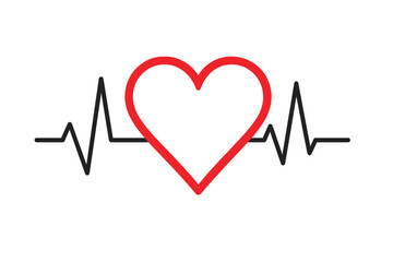 Red Heart Pulse Line, Cardiogram, ECG, Heartbeat, Medical Health Care Concept, Black and Red Vector Illustration, Heart Rate, Cardiology, Lifeline, Hospital, Emergency, Transparent Background