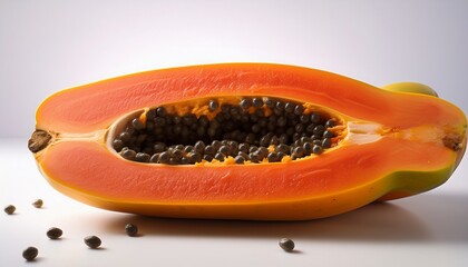 ripe papayas cut open seeds visible white background healthy eating