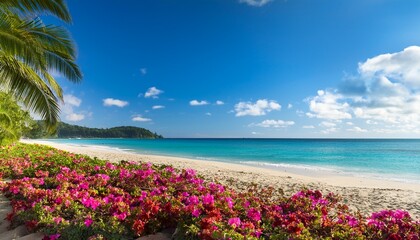 serene tropical beach scene with vibrant flowers palm trees and a calm ocean backdrop