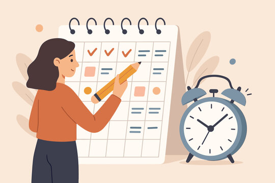 Time management, productivity planning, daily schedule organization, woman marking calendar, deadline reminder, task checklist, appointment, event planner, alarm clock, routine