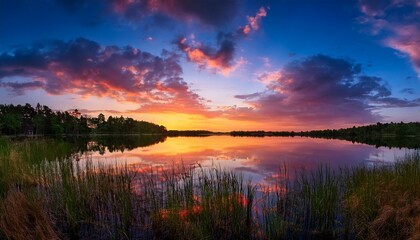 tranquil lake reflection at colorful sunset sky