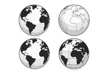 3D Globe Set with World Maps, Continents, Black and White, Outline and Filled, Vector Illustration, Global Earth Spheres, Geography Concept, Isolated Transparent Background