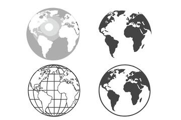 Fototapeta premium 3D Globe Set with World Maps, Continents, Earth Spheres, Latitude Longitude Grid, Black and White, Vector Illustration, Global Geography Concept, Isolated Icons