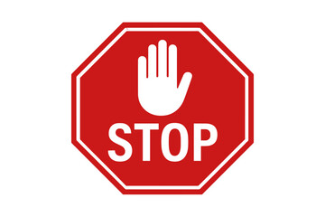 Red Octagonal Stop Sign with White Hand Symbol, Do Not Enter Warning, Road Safety, Traffic Control, Caution Sign, Vector Illustration, Isolated Transparent Background