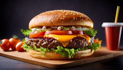 a delicious burger a classic fastfood sandwich meal featuring a sesame bun juicy beef melted cheese fresh lettuce and tomato this burger provides a satisfying bite