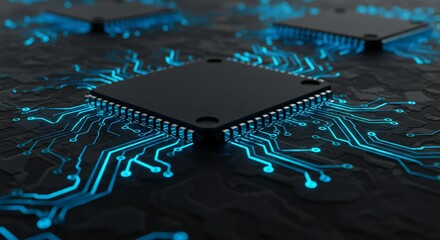 Close-up of black microchips on a dark circuit board, illuminated blue circuitry with high contrast, futuristic style, emphasizing technological advancement.