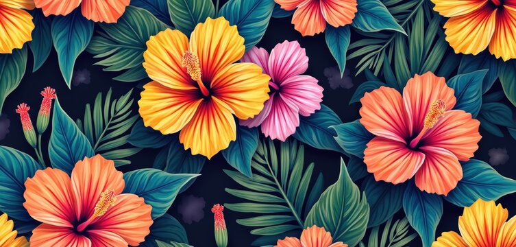Seamless pattern features vibrant Hawaiian hibiscus blooms in yellow, pink, orange with rich green tropical foliage. Motif bold floral elements, perfect for fabric, wallpaper, invitation designs. - Powered by Adobe