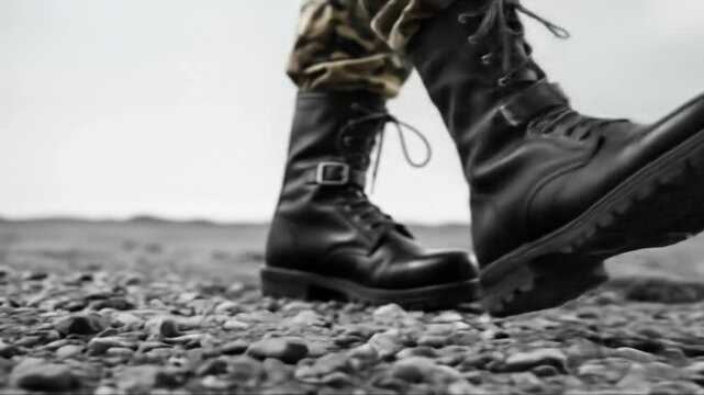 Close-up extremo , calzadas con flamantes botas militares de combate de cuero negro