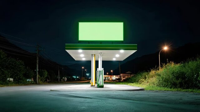 Gas station night illuminated empty green sign rural road modern outdoors fuel pump, quiet countryside solitude, peaceful landscape, travel service, convenience architecture, electricity
