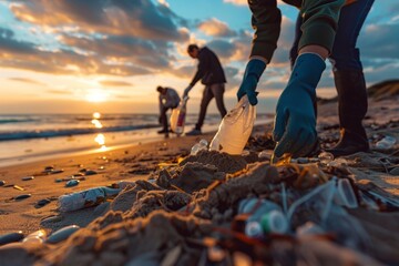 Volunteers cleaning beach at sunset, environmental preservation, eco-friendly actions, nature conservation concept