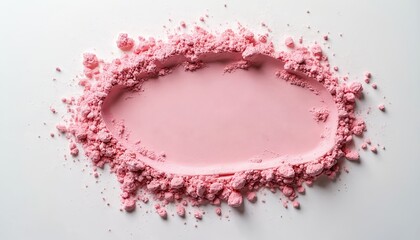 Close-up of loose pink powder makeup with fine texture on white background. Cosmetic product, beauty essential with soft color, subtle particles. Perfect for makeup tutorials, beauty blogs, cosmetic