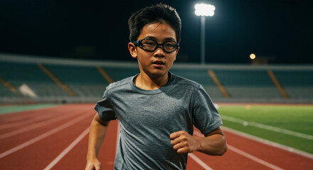 Young determined asian boy wearing sportswear and glasses training at night, running on track within illuminated stadium