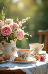 Fototapeta premium Enjoy elegant outdoor tea party with herbal tea served in fine china cups. Bouquet of pink roses, herbs decorates table. Freshly baked pastries complement warm, aromatic beverage, creating cozy,