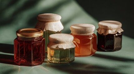Elegant arrangement of four unique honey jars with rustic linen lids on a matte green backdrop