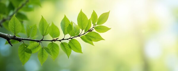 Birch branch displays vibrant green leaves against soft, blurred background. Leaves show intricate veins, fresh, natural texture. Image evokes sense of spring summer, beauty of botany, natural world.