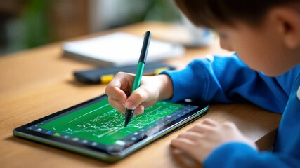 Child tablet stylus digital learning mathematics education technology classroom focus as young student uses stylus for math digital tablet, interactive study, creative engaged atmosphere - Powered by Adobe