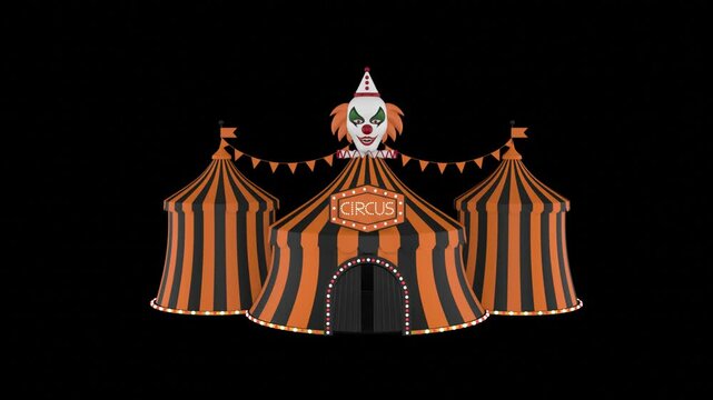 animated halloween circus with black and orange stripes and evil clown