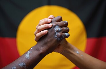 Close-up of two hands clasped together, one dark-skinned with white paint, against the Australian Aboriginal flag. Symbolizes reconciliation, unity, and understanding between cultures.