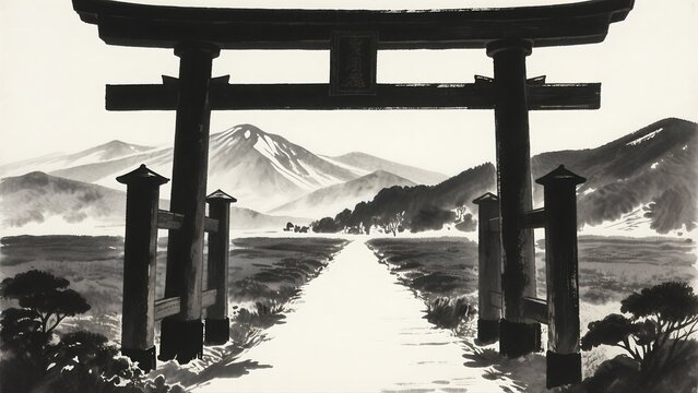 Torii gate with mountain background on a path painted in traditional Japanese sumi-e ink style