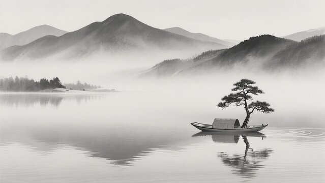【美品】etsuko.sumi　風景画 白黒の墨絵風景画 | Premium AI生成画像