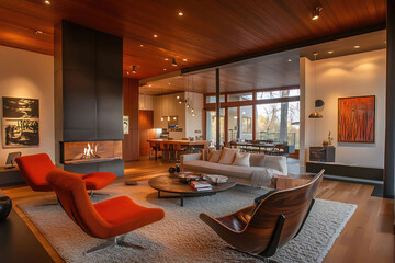 A modern living room with a central fireplace, plush seating, and large windows offering a scenic view