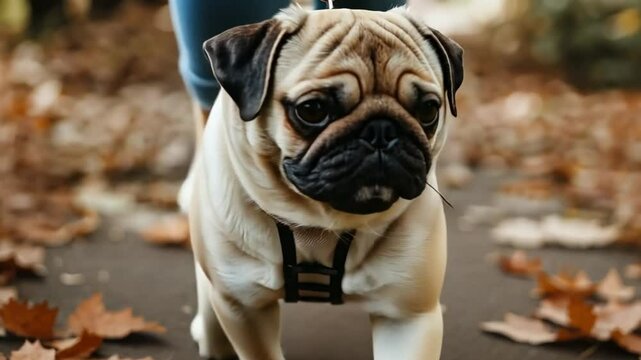A small beige pug dog walks on a path covered with autumn leaves. A person in blue jeans holds the leash, enjoying a sunny day outdoors.
