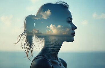 Double exposure portrait of woman with sky and clouds inside head. Calm ocean horizon below. Represents mental peace, freedom, imagination, day dreaming and spiritual connection.