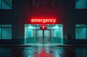 Nighttime view of hospital emergency entrance with bright red illuminated sign. Modern facility conveys urgency, medical aid. Wet pavement reflects neon lights, critical care, swift response