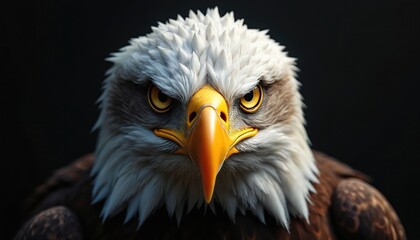 Fototapeta premium Realistic portrait illustration of majestic bald eagle against stark black background. Powerful bird of prey sharp yellow eyes, formidable beak, detailed white, brown feathers. Image captures wild,