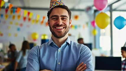 Smiling Caucasian man with brown hair wearing a party hat in a festive office environment decorated with balloons and streamers. People are celebrating. - Powered by Adobe