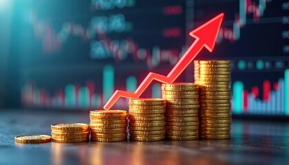 Financial graph displays a rising red bar representing upward trend, GDP growth and investment success in stock market background. The graph is set against a darker blue color with a green line and